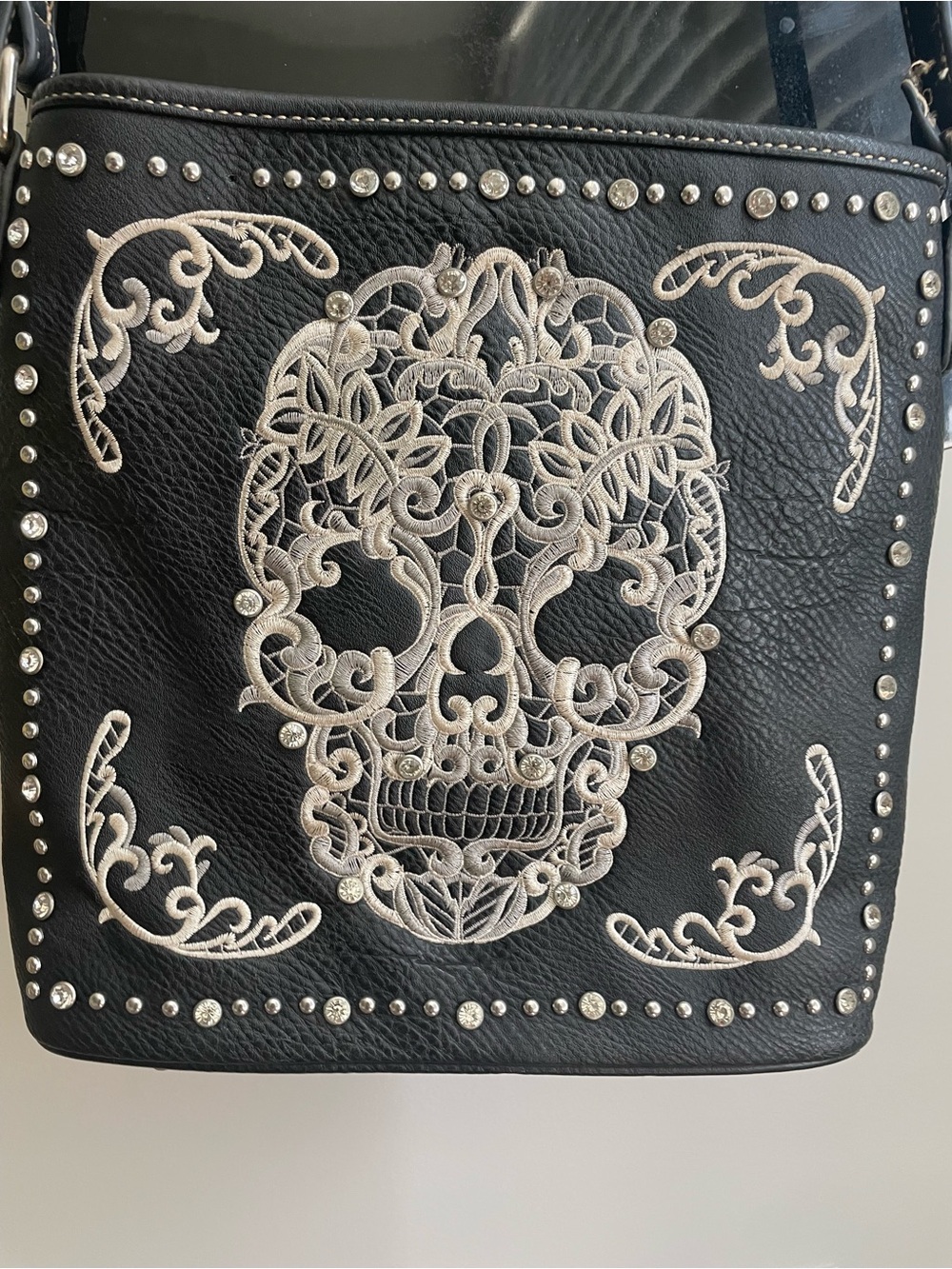 Montana West Black Crossbody Bag with White Skull Embroidery